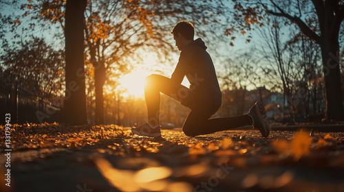 Fototapeta Naklejka Na Ścianę i Meble -  Man stretching outdoors in autumn golden sunlight park fall body sport relax runner nature leaves