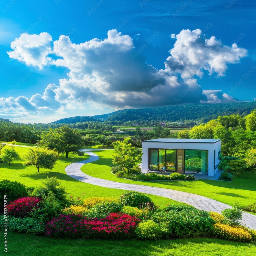 Naklejka premium Modern House Surrounded by Lush Greenery and Vibrant Flower Beds