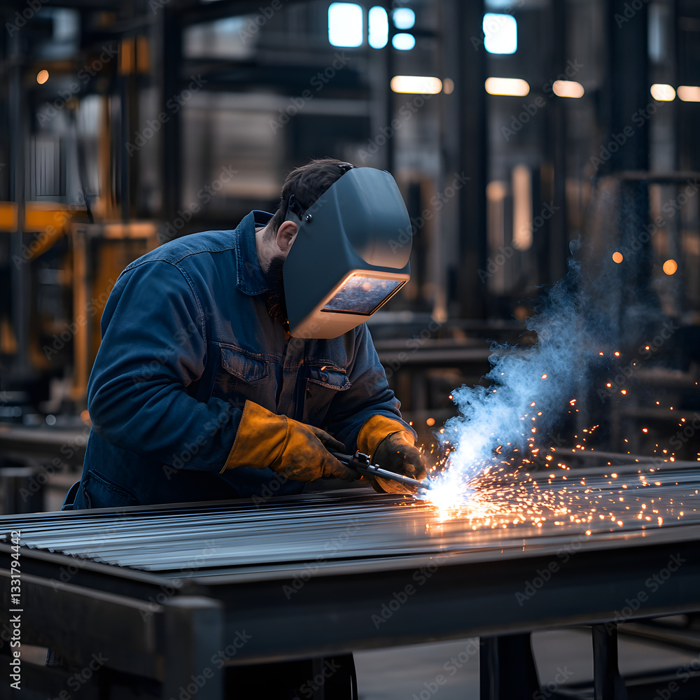 Industrial metal fabrication worker using a welding torch Industrial metal fabrication worker using a welding torch