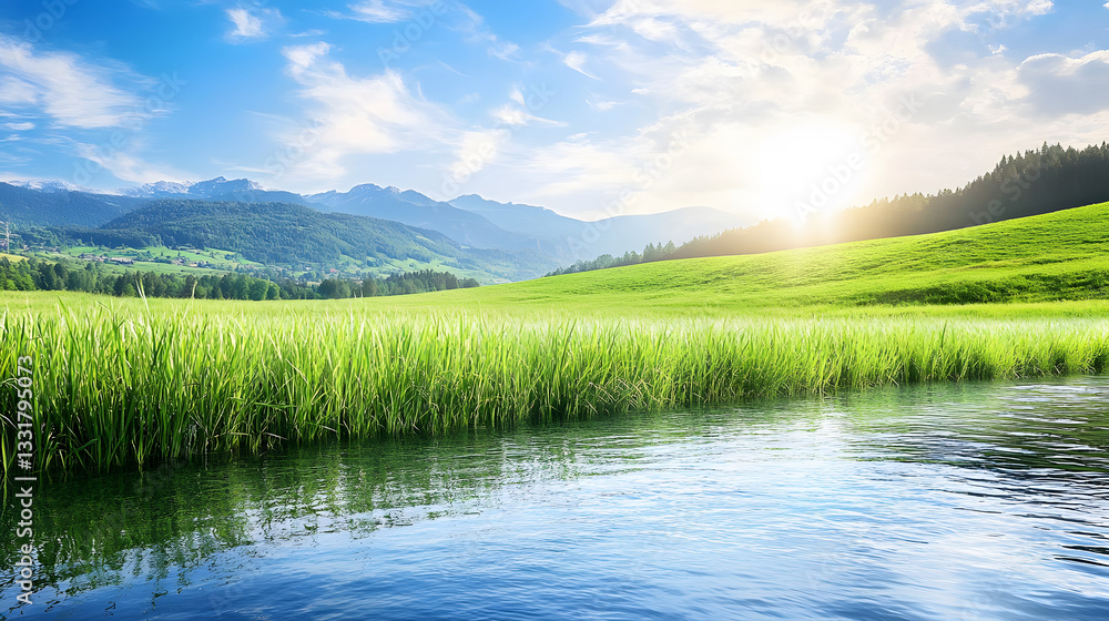 Fototapeta premium Serene river landscape mountain range nature photography tranquil environment early morning light