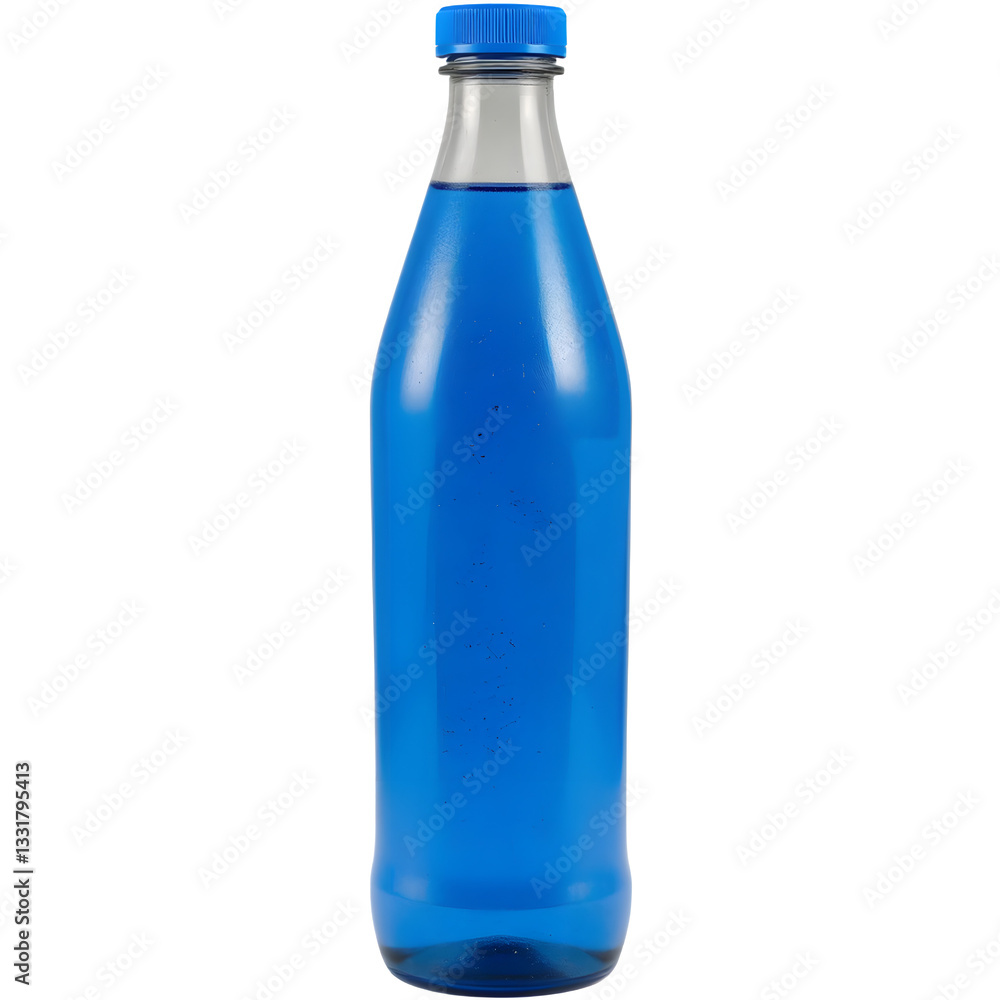 A sleek blue bottle filled with a refreshing liquid, featuring a metallic cap and a smooth surface. A sleek blue bottle filled with a refreshing liquid, featuring a metallic cap and a smooth surface.