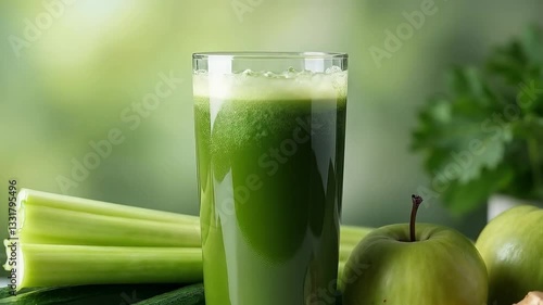 Jugo verde detox con pepino, apio, manzana y jengibre en vaso alto