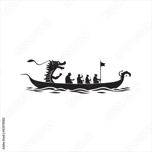 Classic black and white vector style silhouette logo illustration of Dragon Boat Festival on white.  Timeless and elegant design using geometric shapes and clean lines for balance and symmetry.eps