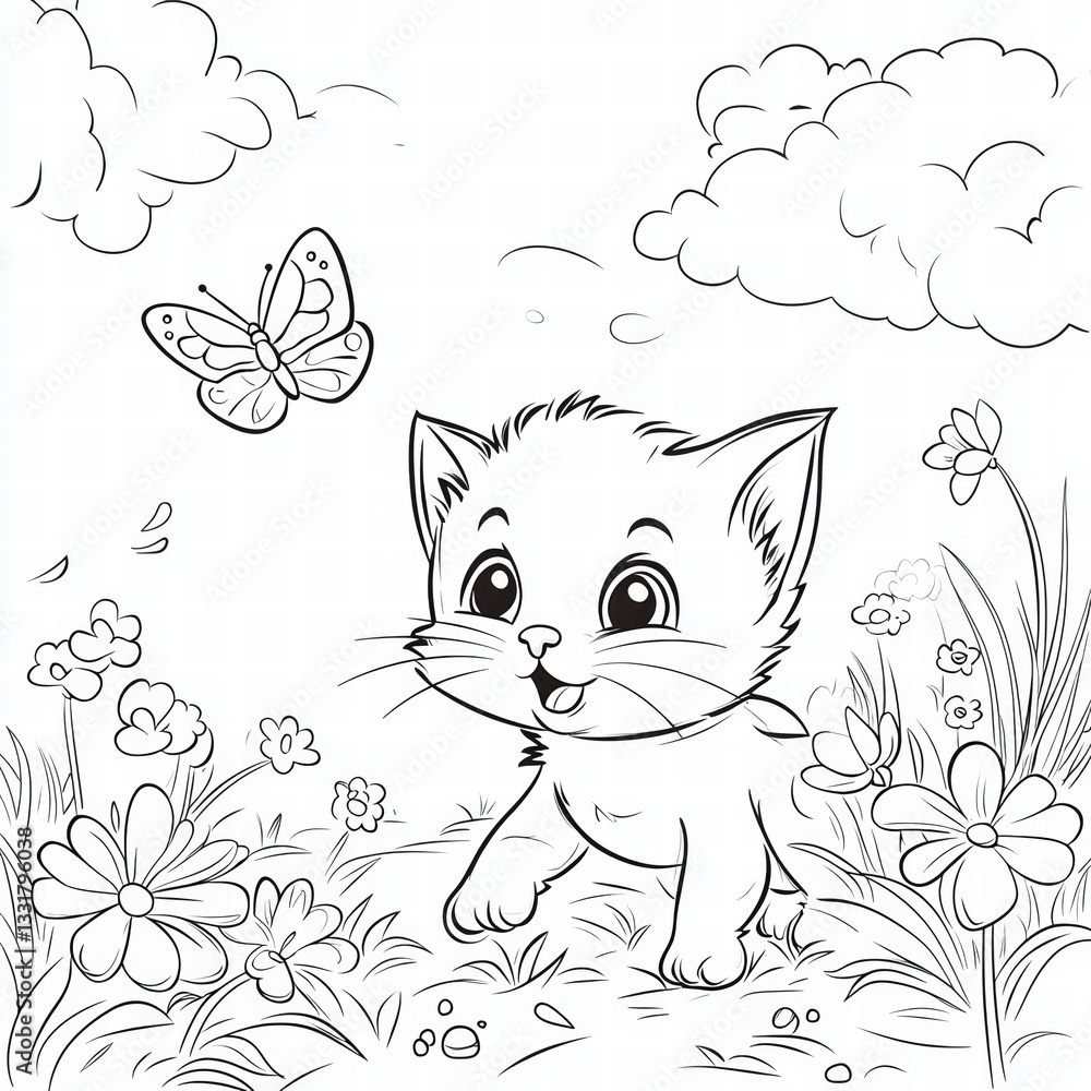 Obraz premium Playful Kitten and Butterfly: A charming illustration of a cute kitten's playful encounter with a delicate butterfly amidst a field of blossoming flowers, painted with innocent joy.