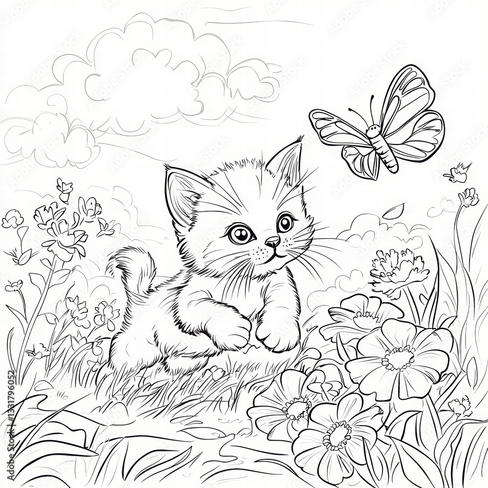 Obraz premium Playful Kitten and Butterfly: A charming illustration showcases a curious kitten captivated by a fluttering butterfly, set amidst a vibrant flower-filled meadow. It evokes the simple joys of nature.