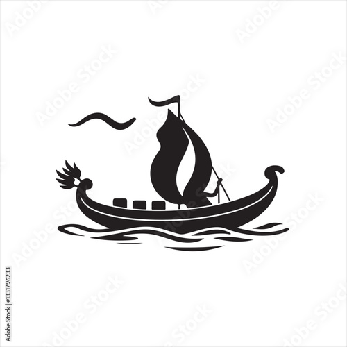 Elegant black and white vector logo silhouette of Dragon Boat Festival, using geometric shapes and clean lines, on white background, showcasing balance and symmetry.eps