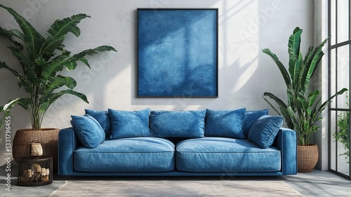 Blue Velvet Sofa in Modern Living Room with Artwork and Plants