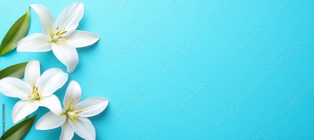Three White Lilies with Green Leaves on Minimal Blue Background With Copy Space on Right Three White Lilies with Green Leaves on Minimal Blue Background With Copy Space on Right