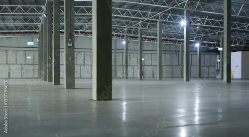 an empty industrial warehouse with large, clean windows, atmospheric light, white.