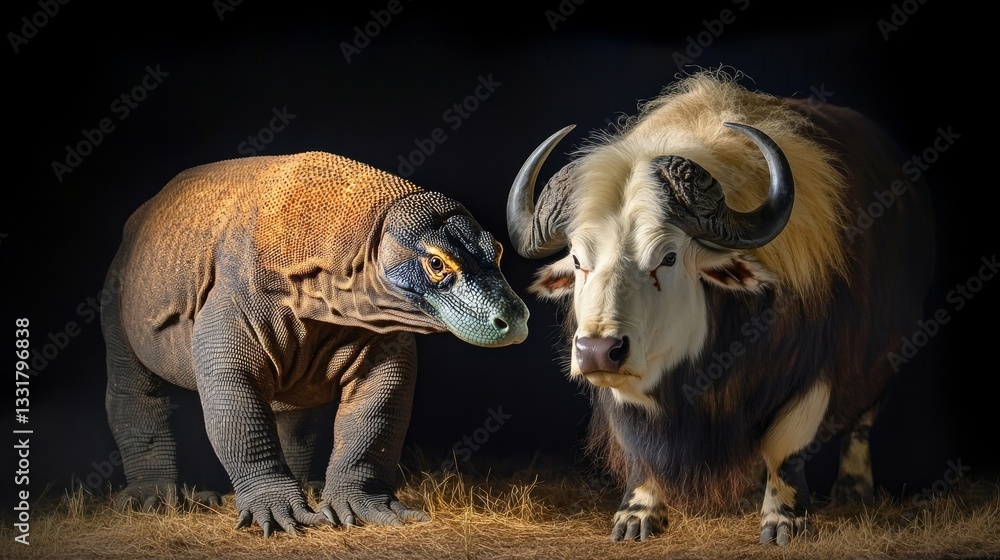 Naklejka premium Komodo Dragon and Majestic Water Buffalo A Captivating Study in Contrast, Isolated on Black