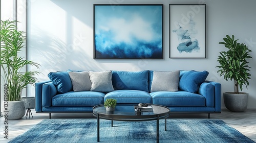 Bright Blue Living Room Interior with Modern Sofa and Abstract Art