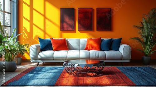 Bright Living Room Interior Design with Orange Walls and Colorful Accents