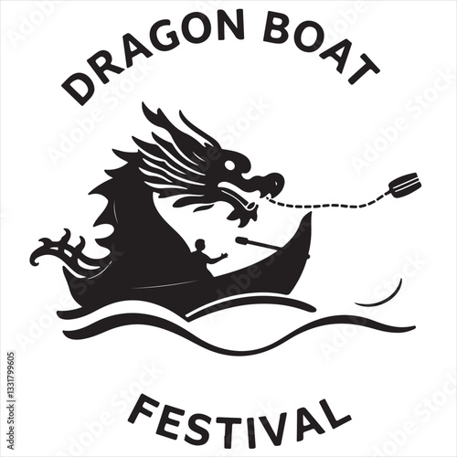 Vector logo silhouette illustration of Dragon Boat Festival in classic black and white. The design uses geometric shapes and clean lines for balance and symmetry on a white background.eps