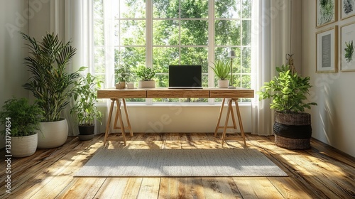 Bright Sunlit Home Office with Rustic Wooden Desk and Potted Plants