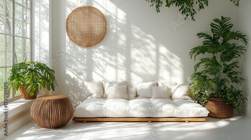 Bright White Minimalist Room Interior with Low Platform Bed and Lush Greenery