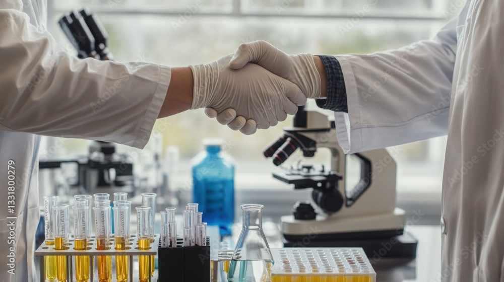 Two scientists in sterile gloves shaking hands over a laboratory table filled with test tubes and microscopes, symbolizing medical research partnership, Two scientists in sterile gloves shaking hands over a laboratory table filled with test tubes and microscopes, symbolizing medical research partnership,