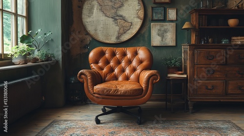 Brown Leather Armchair in Antique Room with Natural Light