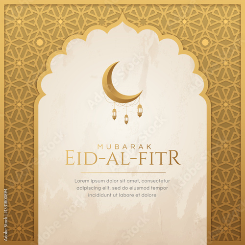 Islamic Arabic Arabesque Pattern Luxury Golden Frame Background with Eid Al Fitr Greetings