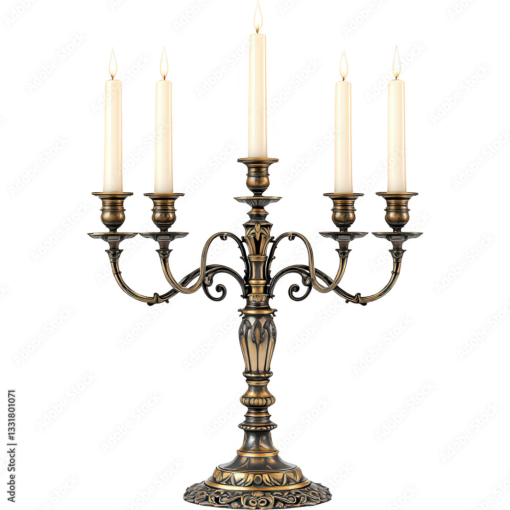 Ornate Silver Candelabra with Candles Isolated on White Background Ornate Silver Candelabra with Candles Isolated on White Background