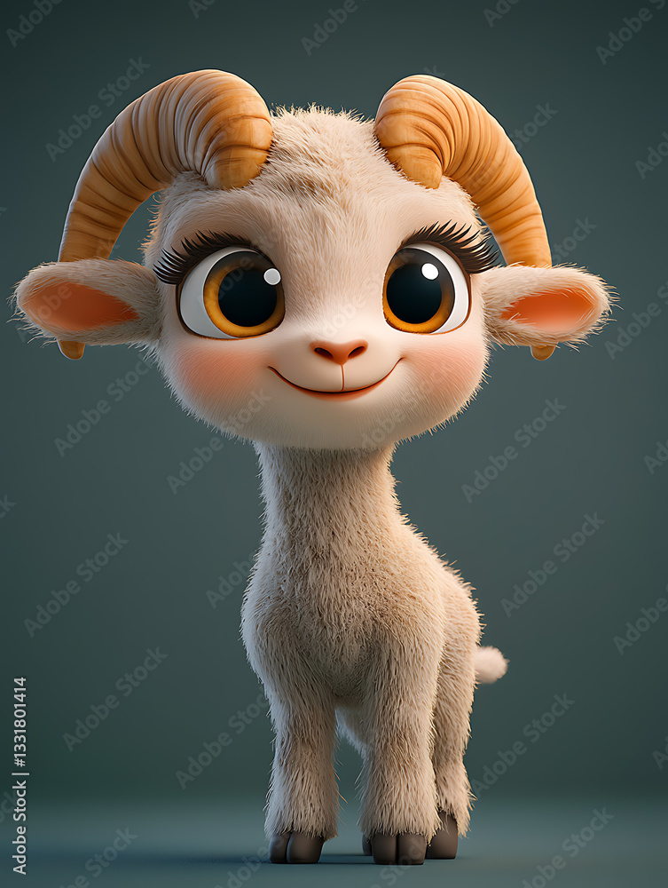 Cute cartoon goat character with large expressive eyes stands cheerfully against a solid background showcasing its playful demeanor