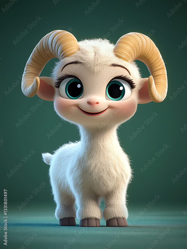 Cute cartoon goat character with large expressive eyes stands cheerfully against a solid background showcasing its playful demeanor