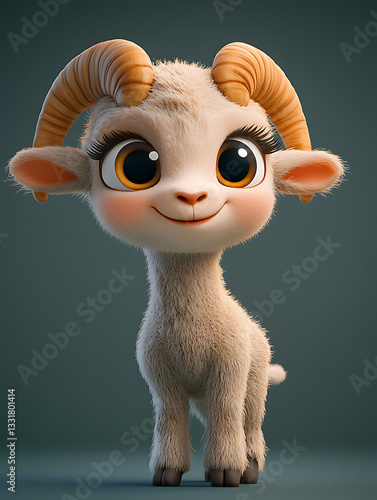 Obraz na płótnie Cute cartoon goat character with large expressive eyes stands cheerfully against a solid background showcasing its playful demeanor w salonie