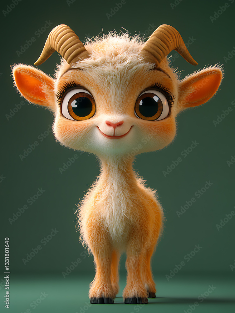 Cute cartoon goat character with large expressive eyes stands cheerfully against a solid background showcasing its playful demeanor