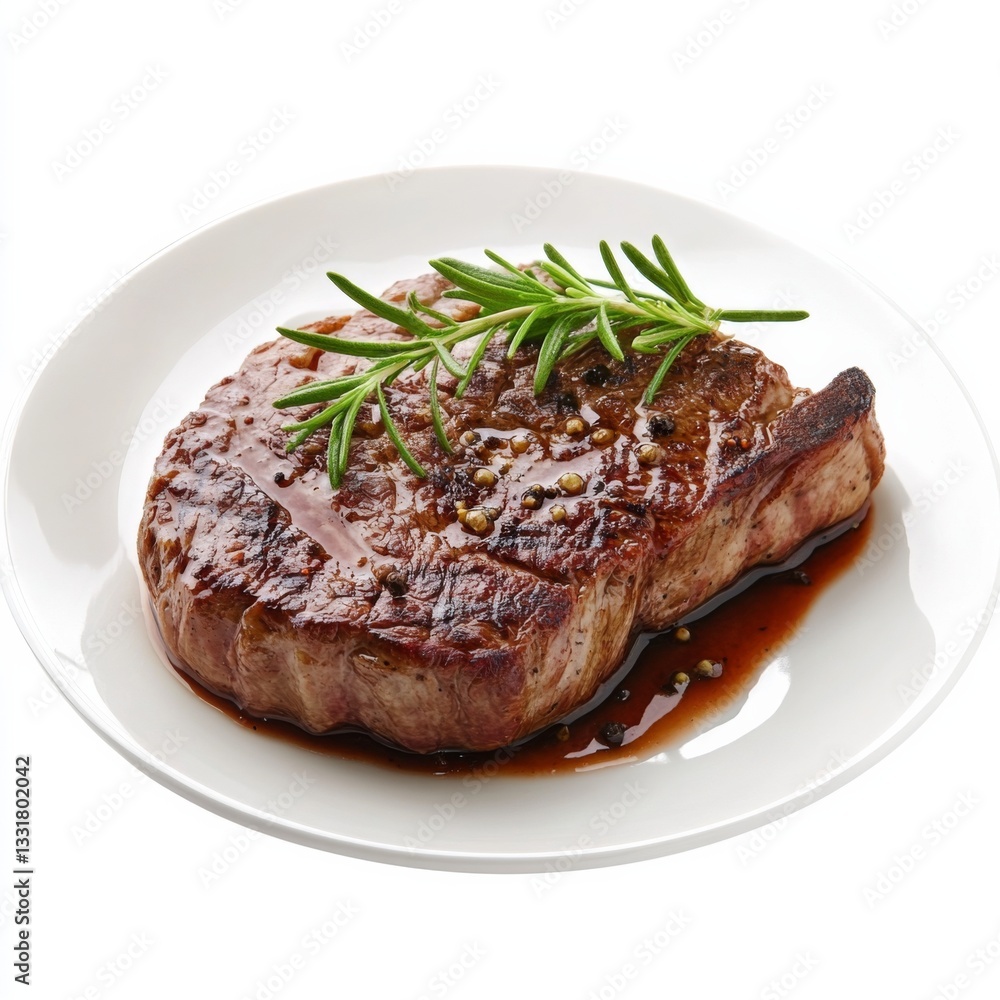 A perfectly grilled, juicy steak topped with aromatic rosemary and peppercorns, served on a simple white plate, creating a visually appealing and flavorful gourmet dish. A perfectly grilled, juicy steak topped with aromatic rosemary and peppercorns, served on a simple white plate, creating a visually appealing and flavorful gourmet dish.