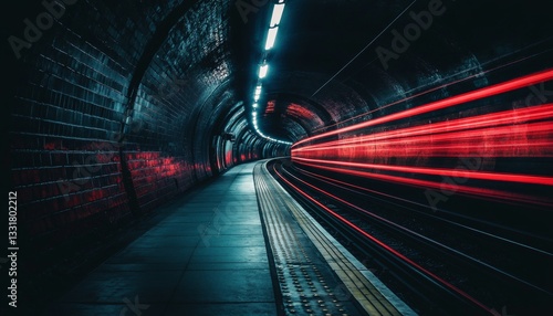 Empty subway platform with red light trails from a passing train, illuminated by overhead lights