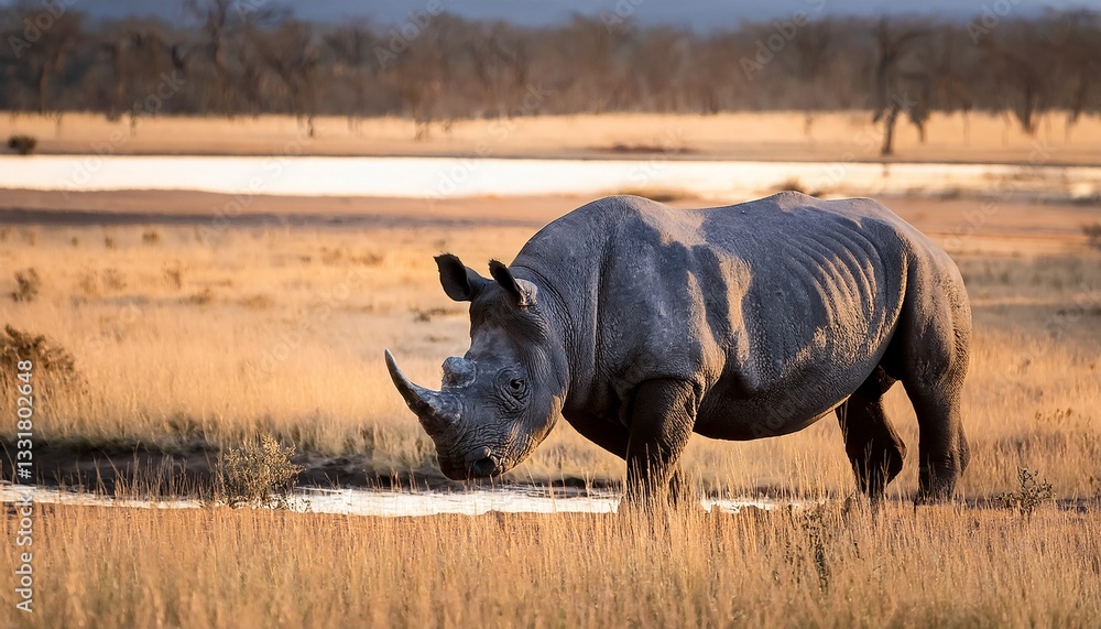Obraz premium An imposing black rhino, with its thick, rough skin, deliberately roams the savanna-like edges of the taiga, a striking and unusual presence in this unique landscape.