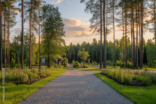 Luxury Forest Estate at Sunset – Tranquil Pine Tree Road in an Elite Residential Community