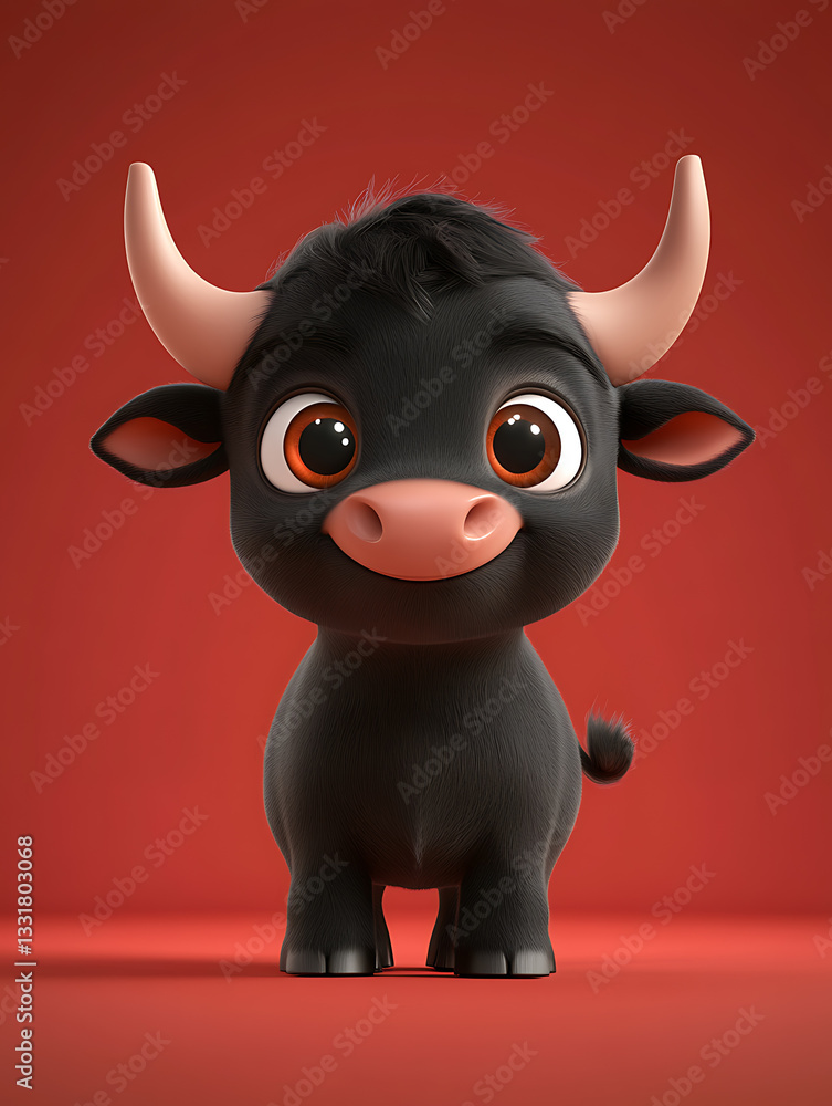 Cute cartoon bull character with big expressive eyes on a vibrant red background showcasing charm and playfulness