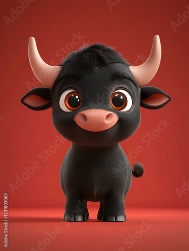 Obraz na płótnie Cute cartoon bull character with big expressive eyes on a vibrant red background showcasing charm and playfulness w salonie