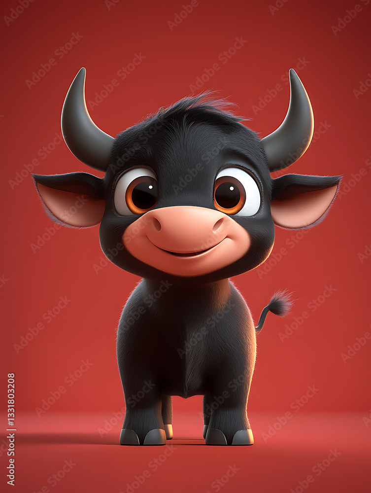 Cute cartoon bull character with big expressive eyes on a vibrant red background showcasing charm and playfulness