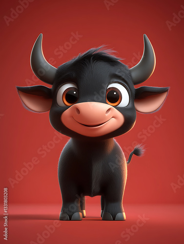 Obraz na płótnie Cute cartoon bull character with big expressive eyes on a vibrant red background showcasing charm and playfulness w salonie
