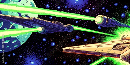 Space battle war with starships, comic style wallpaper, vintage grainy, soft textured sci-fi background