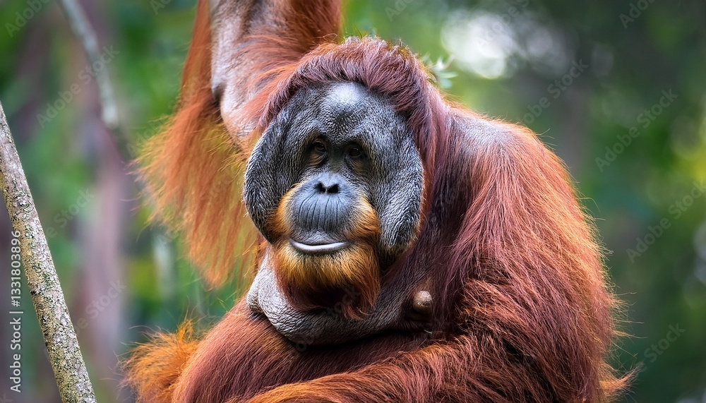 Fototapeta premium A magnificent Bornean orangutan with its distinctive reddish-brown fur hangs gracefully from a tree branch in the dense rainforest, a symbol of wild beauty.