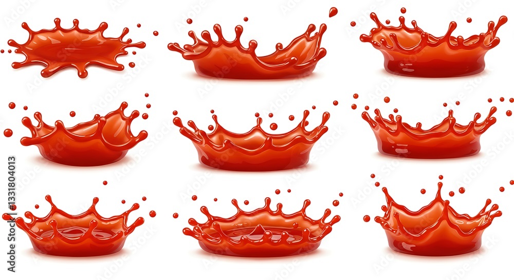 Red Liquid Splashes Collection Realistic Design Elements set drop flow food cool juice drink water Red Liquid Splashes Collection Realistic Design Elements set drop flow food cool juice drink water