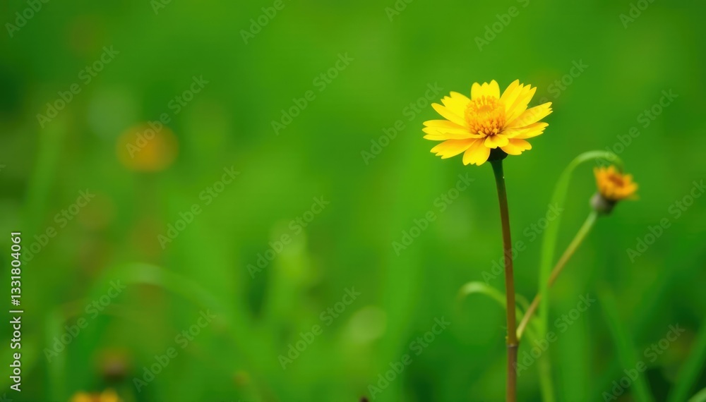 Brown stem with small yellow flowers against green grass, garden, botanical Brown stem with small yellow flowers against green grass, garden, botanical