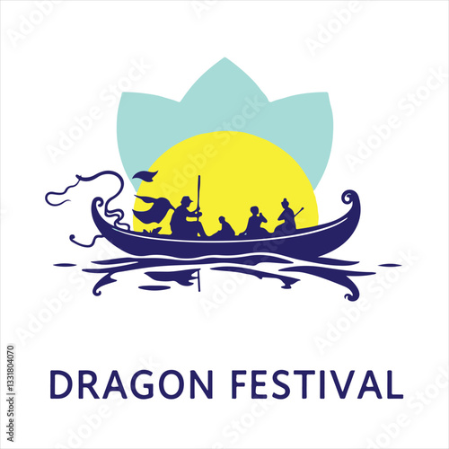 Vector style silhouette logo Dragon Boat Festival on white background using cool blues greens purples geometric shapes clean lines balanced symmetrical design