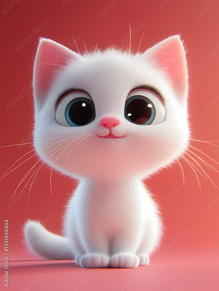 Cute ginger kitten with big eyes smiles playfully in a whimsical pink setting during daylight hours