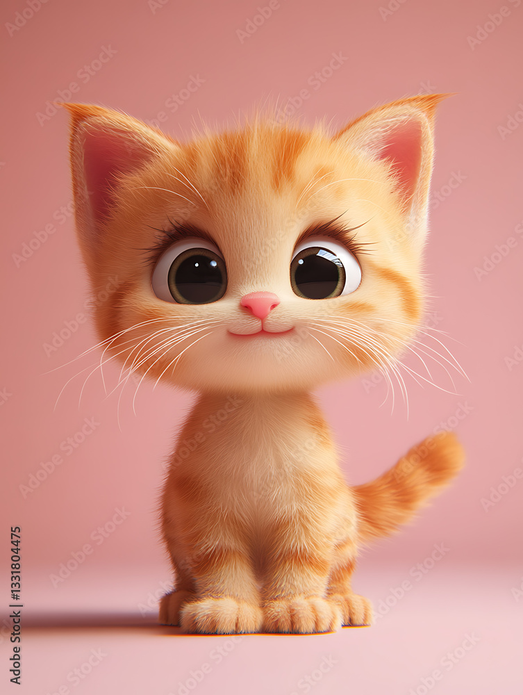 Cute ginger kitten with big eyes smiles playfully in a whimsical pink setting during daylight hours