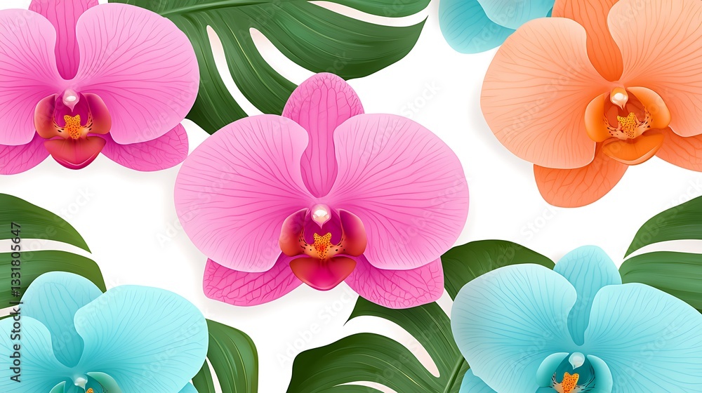Fototapeta premium Colorful orchids & monstera leaves, flat white background, for patterns, wallpaper or textile design