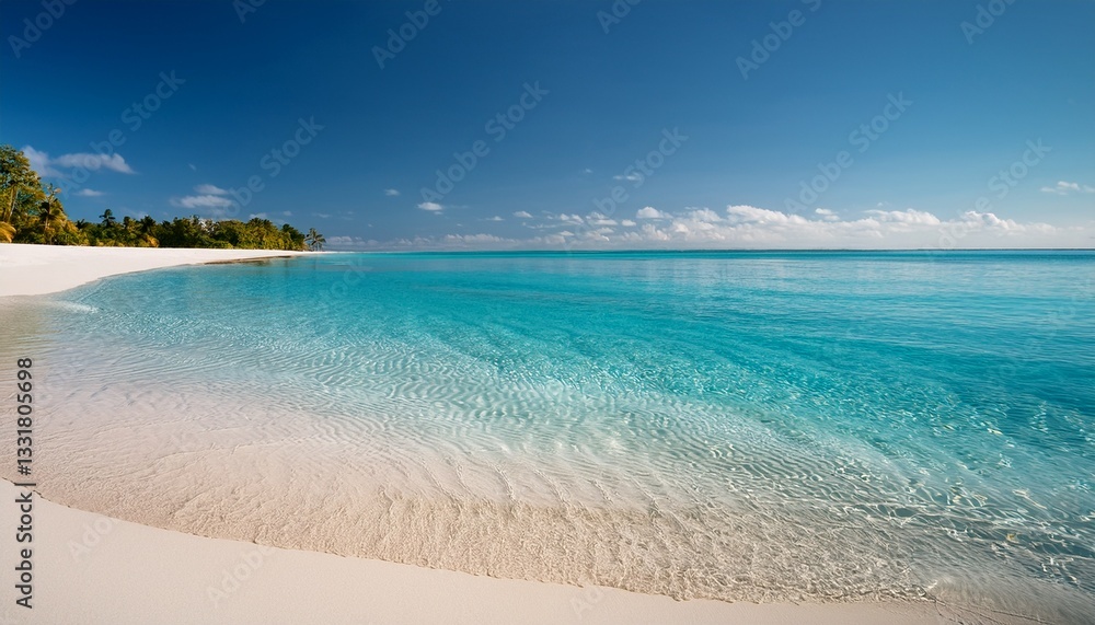  Calm beach scene with crystal clear water and soft white sands.