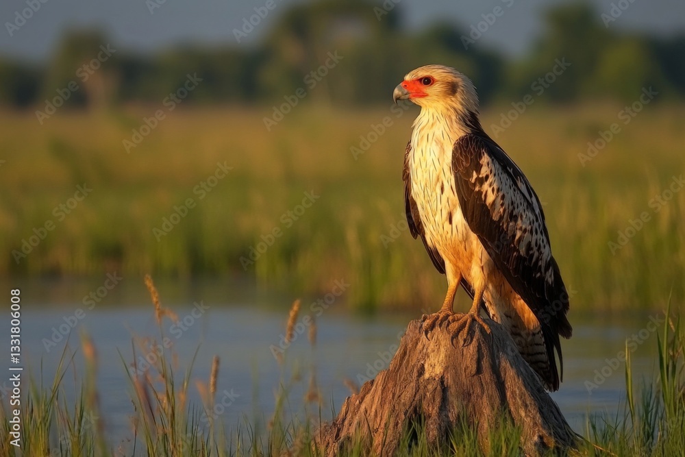 Fototapeta premium Eagle perched on a stump near a tranquil water body surrounded by lush greenery in the golden light of sunset