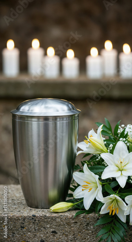 Silver metallic mortuary cremation urn with ashes adorned with white lilies bouquet on stone pedestal and candles glowing softly in backdrop, funeral ceremony service, tribute to deceased person