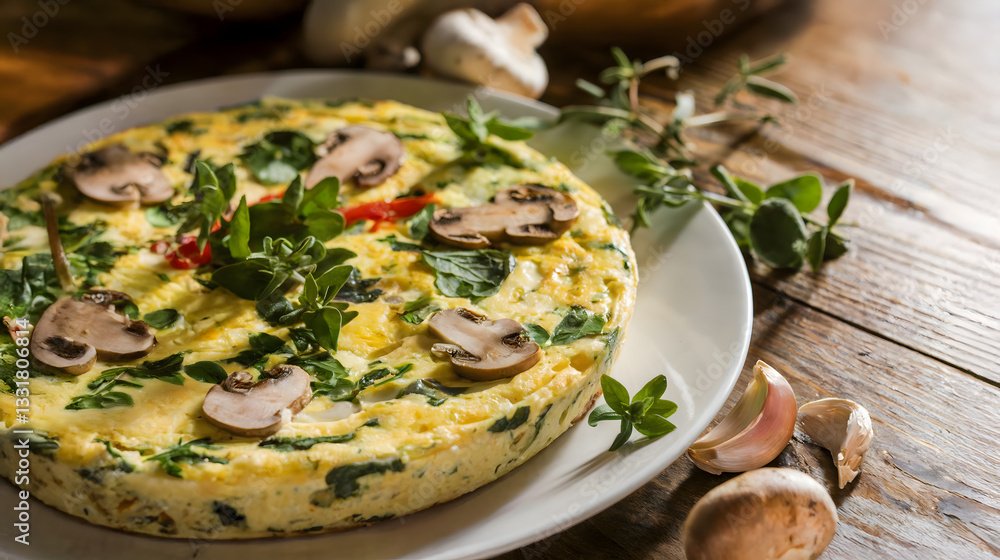 Frittata on a white plate, dotted with fresh herbs and mushroom slices, offers a fluffy, savory bite with earthy flavors in a simple, elegant presentation Frittata on a white plate, dotted with fresh herbs and mushroom slices, offers a fluffy, savory bite with earthy flavors in a simple, elegant presentation