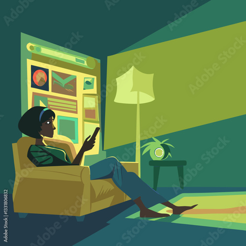 Young woman relaxing at home, using smartphone in cozy living room with soft lighting