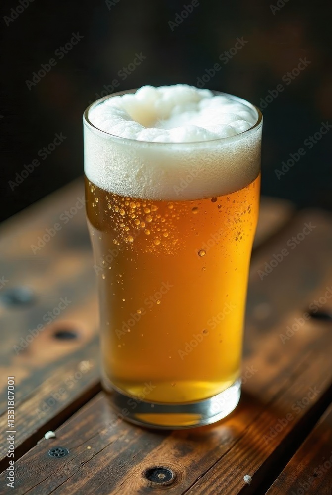 A Refreshing Glass of Golden Beer with a Creamy Head Resting on a Rustic Wooden Table A Refreshing Glass of Golden Beer with a Creamy Head Resting on a Rustic Wooden Table