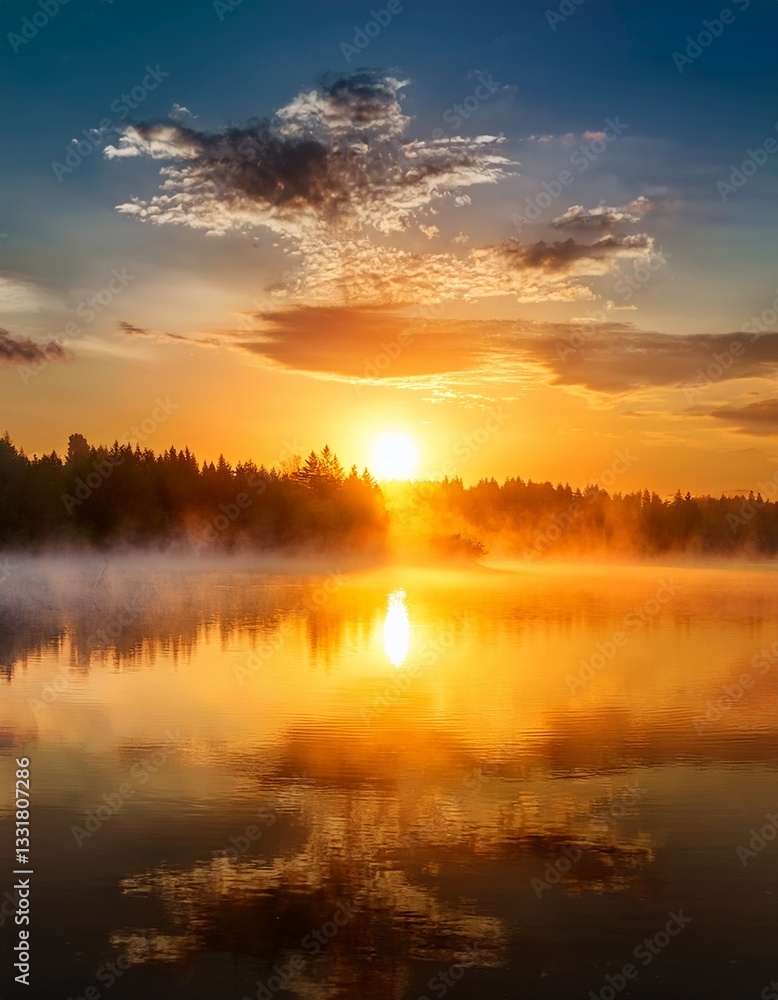 Fototapeta premium Stunning sunrise over a calm lake with mist and vibrant colors.